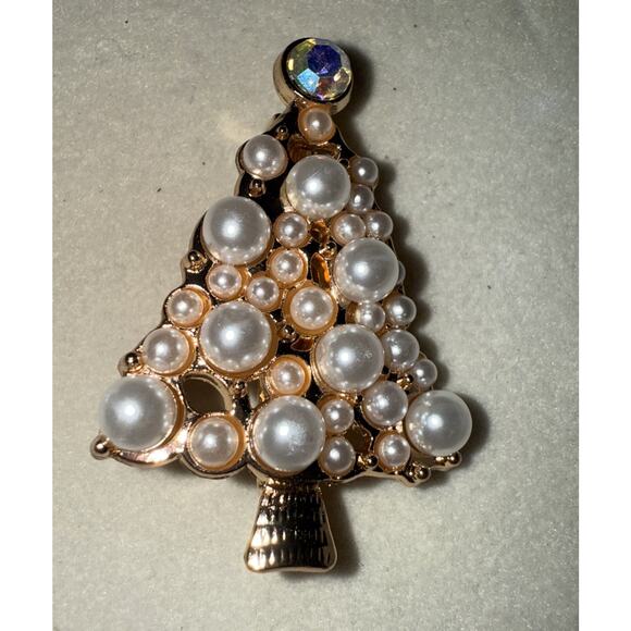 NWT Fashion Goldtone Pearl Christmas Tree Brooch Pin - Picture 2 of 3